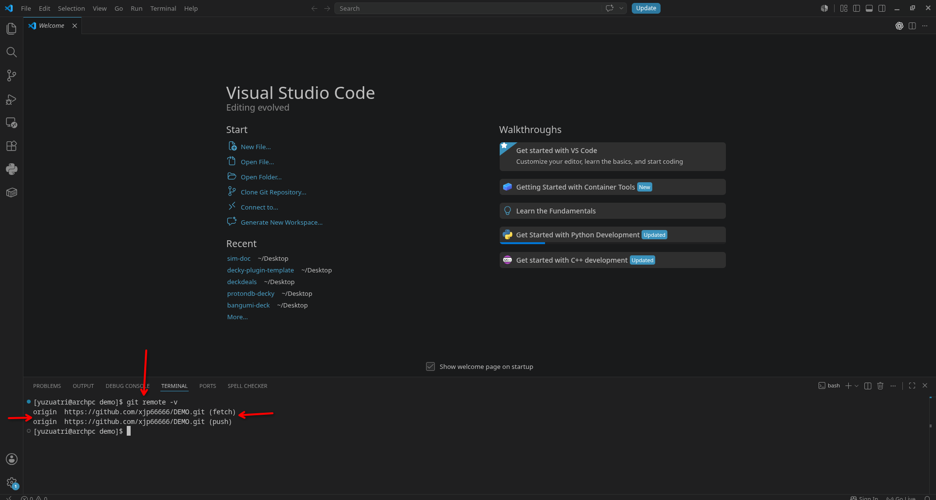 Git remote information displayed in the terminal
