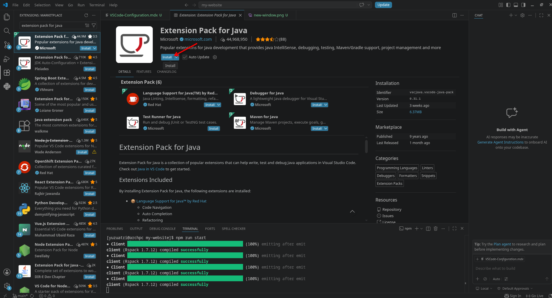 The Extension Pack for Java in VS Code